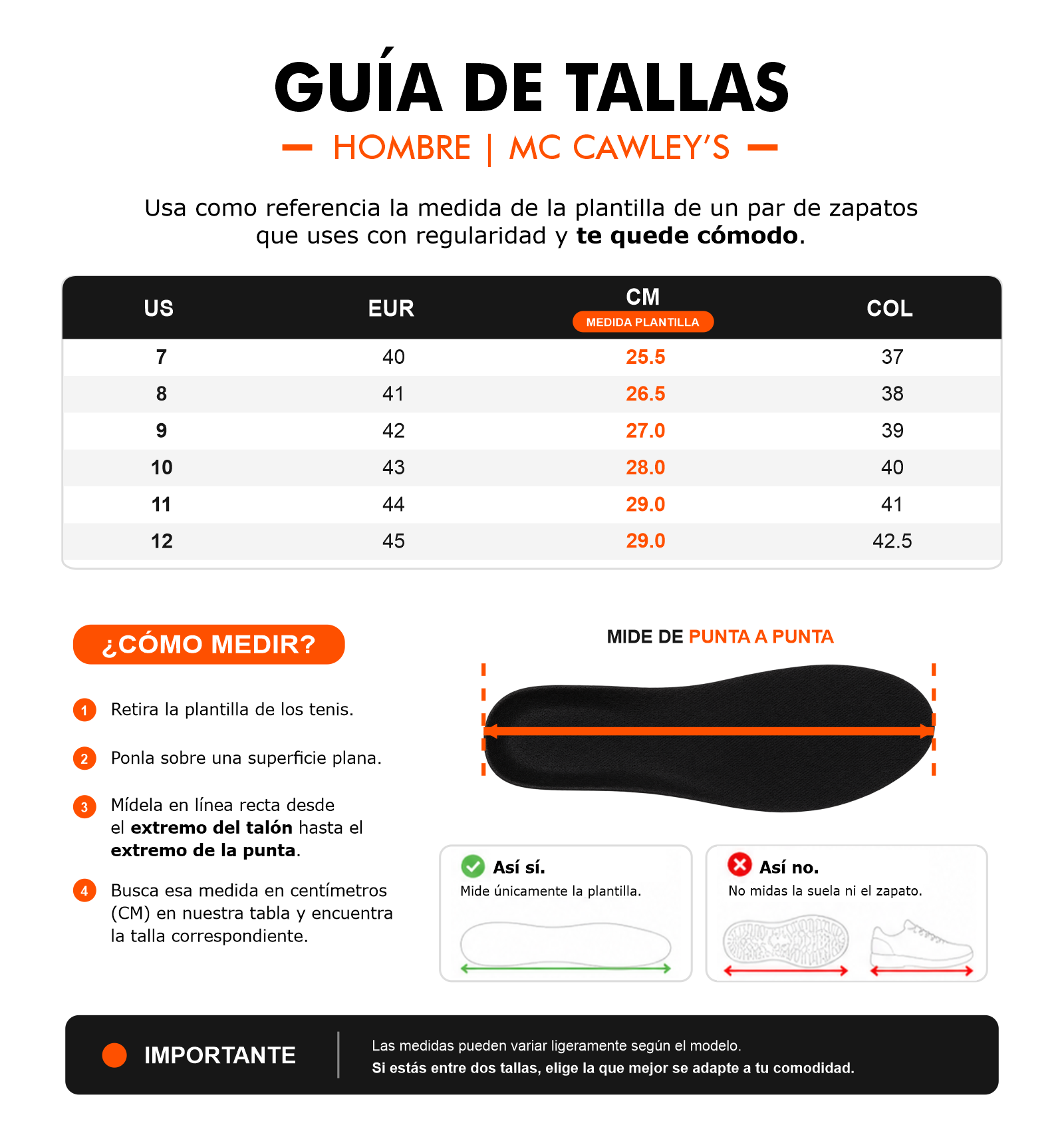 Guía de tallas - McCawleys Balam