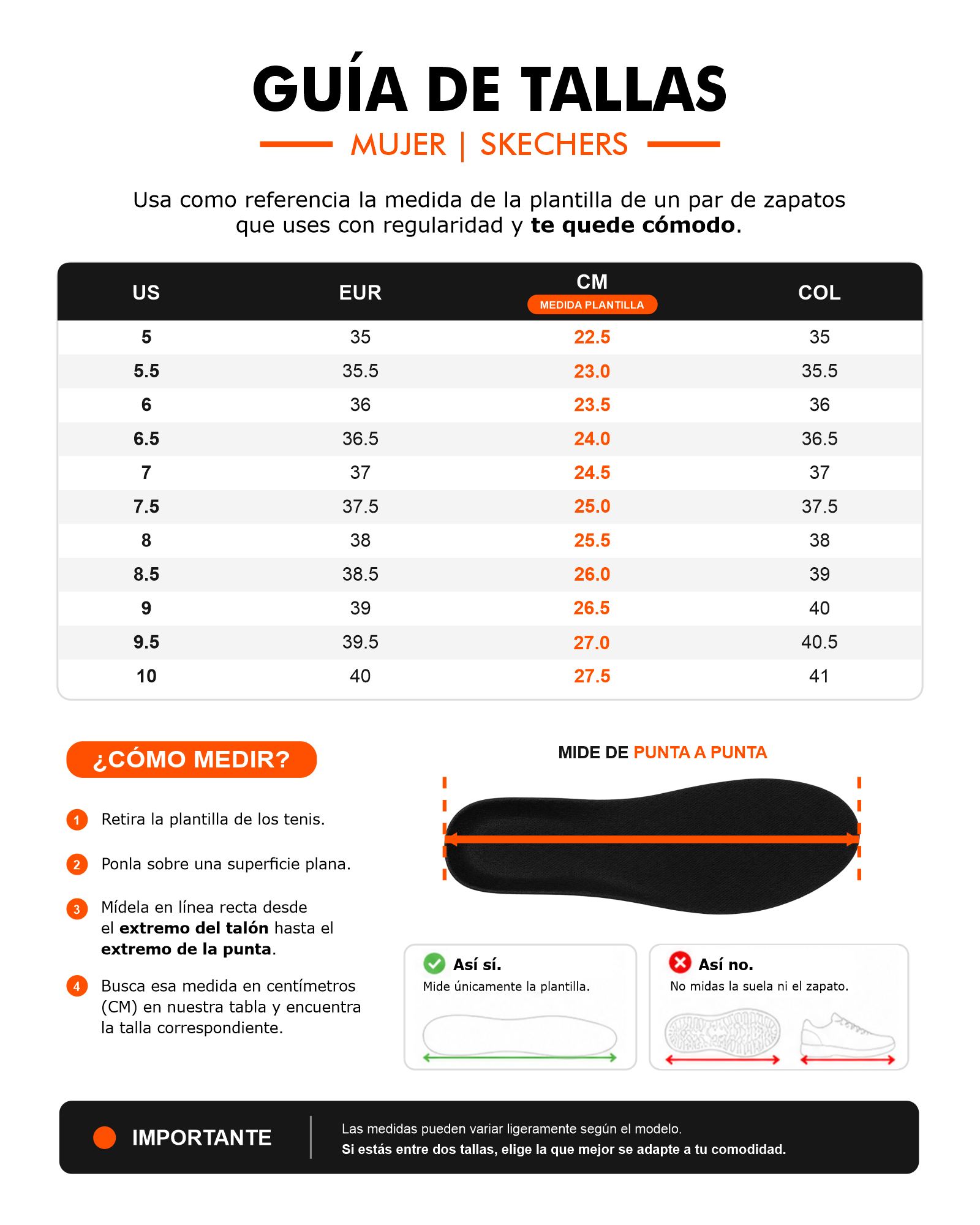 Guía de tallas - Skechers Arch Fit Summits – Daily Flow